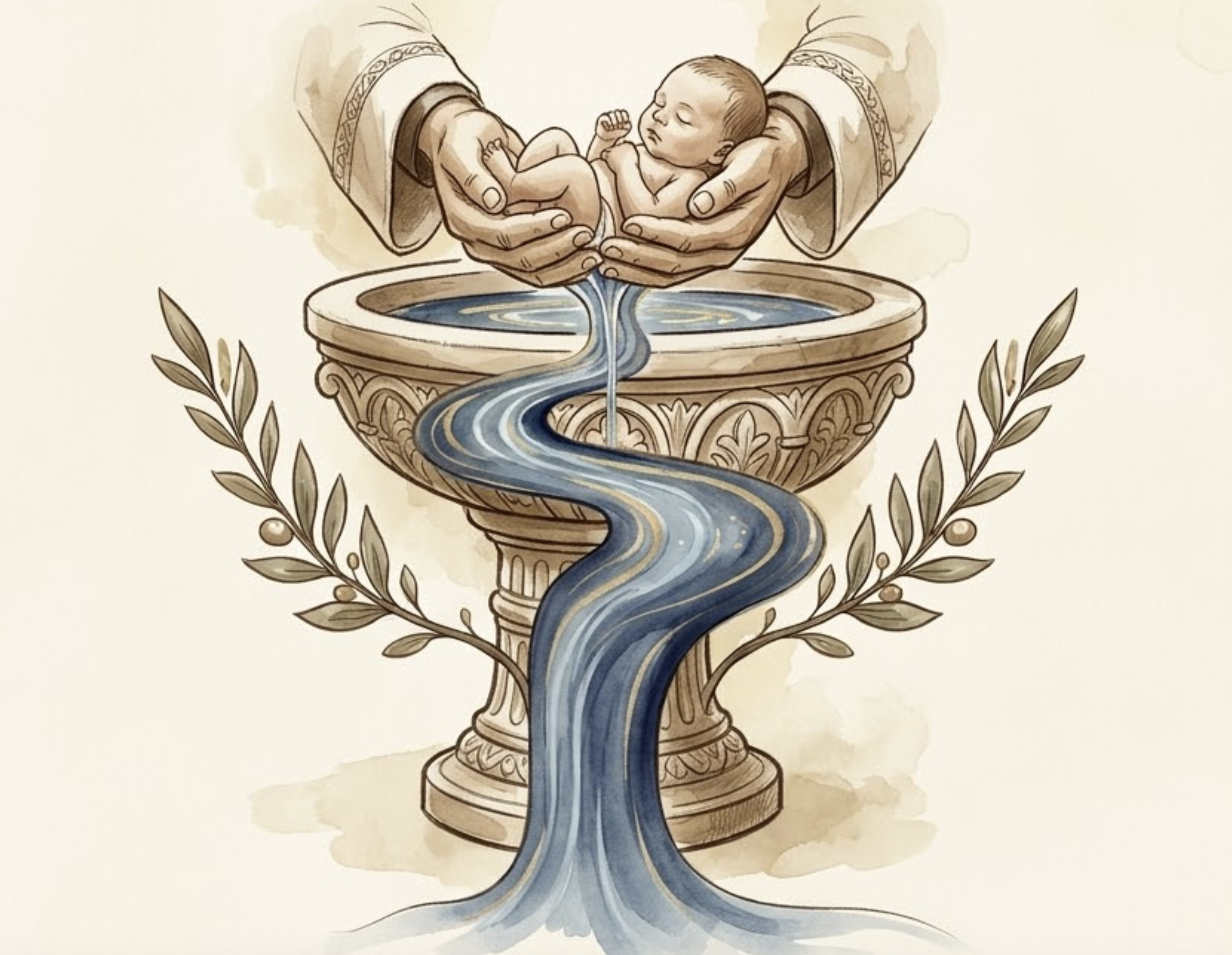 Watercolor illustration of a baby being baptized at a stone font